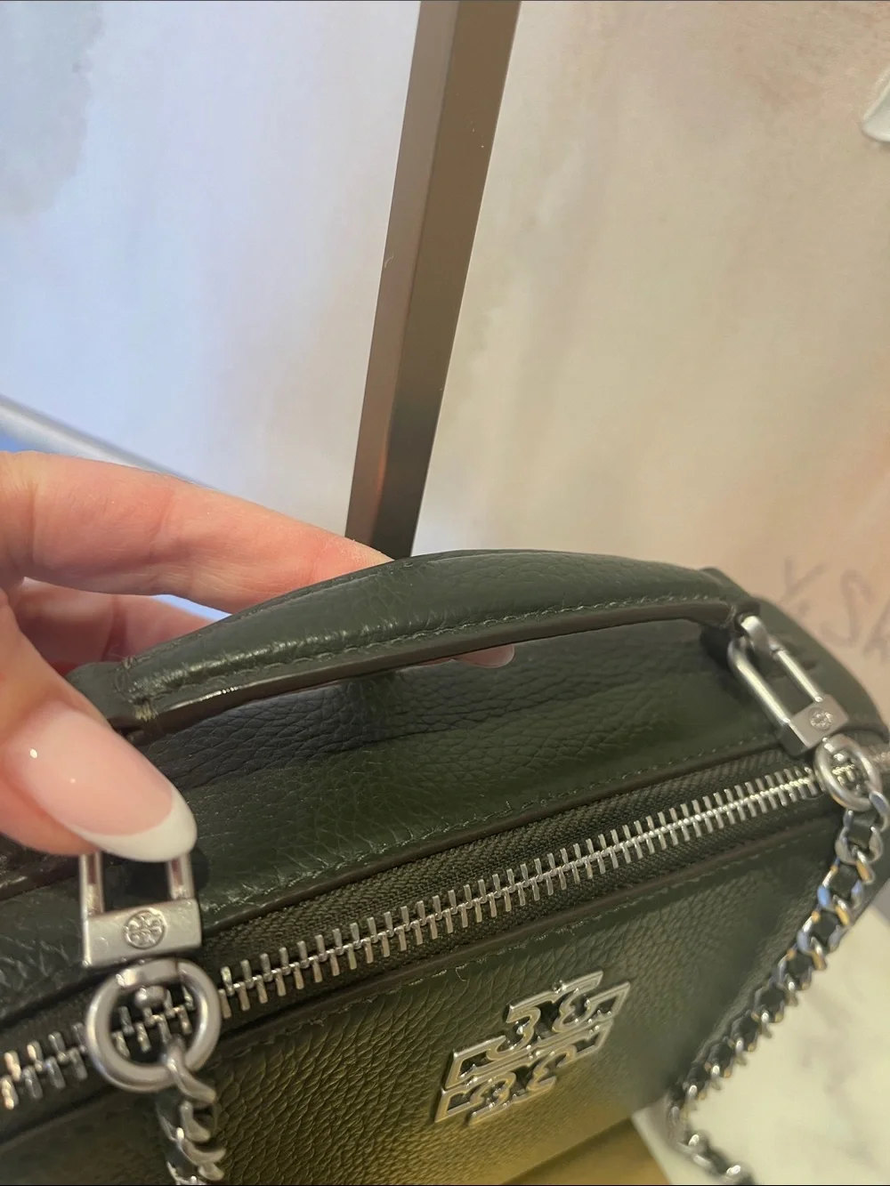 Tory Burch Dark Green Britten Leather Top-Handle Bag with Chain